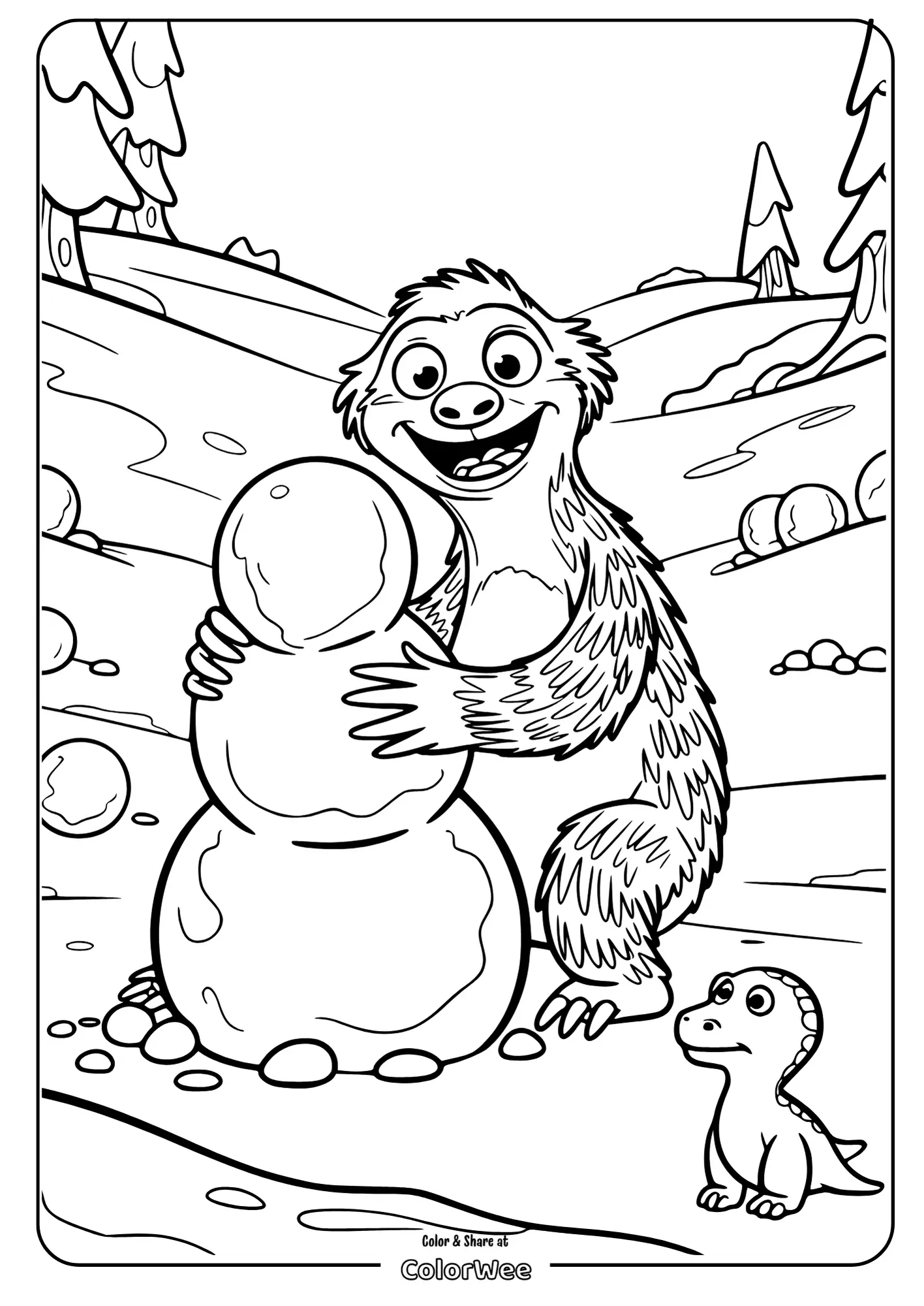 Sloth building a snowman with a small dinosaur in the snowy landscape.