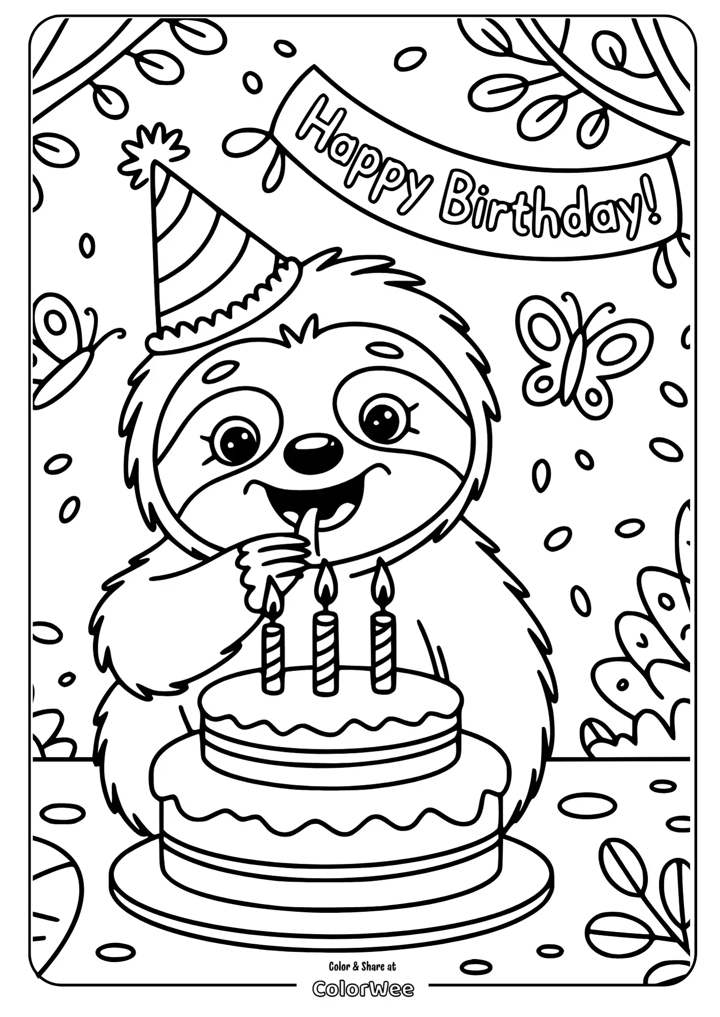 Sloth celebrating birthday with cake and party hat coloring page.