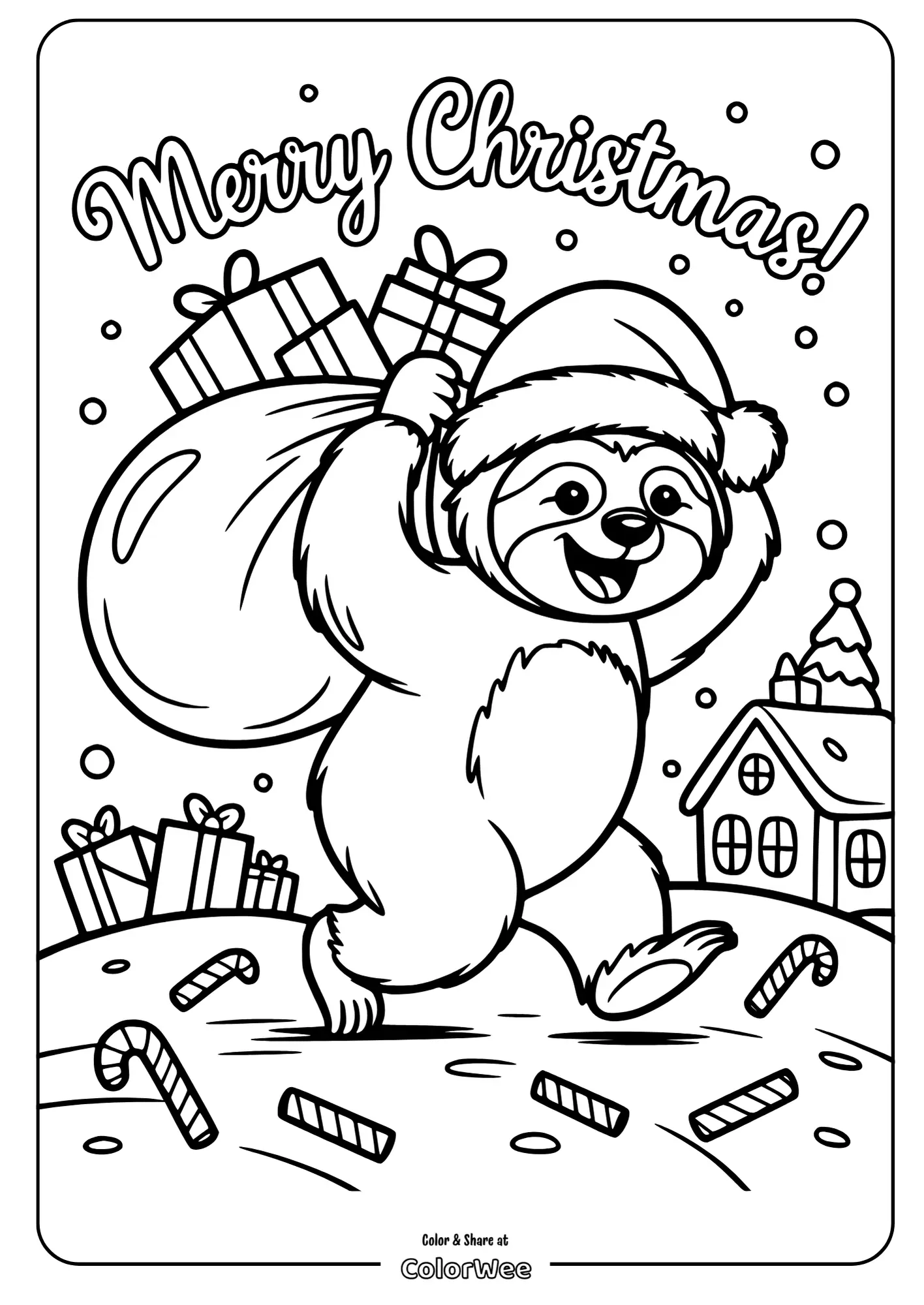 Sloth Christmas coloring page with gifts and candy canes.