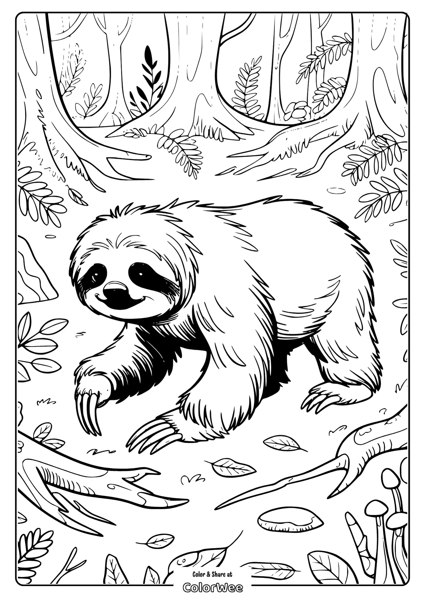 Sloth coloring page in a forest scene.