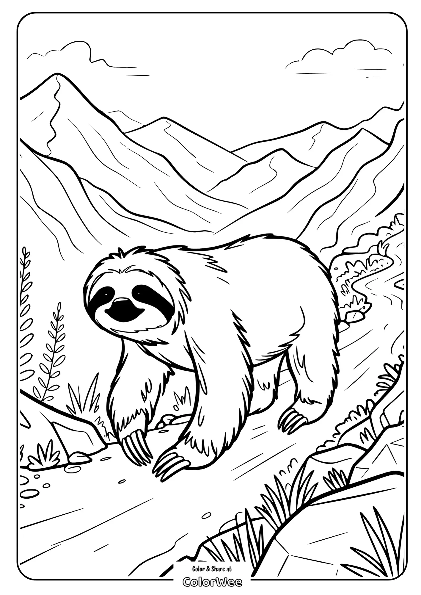 Sloth coloring page in a mountain landscape for kids.