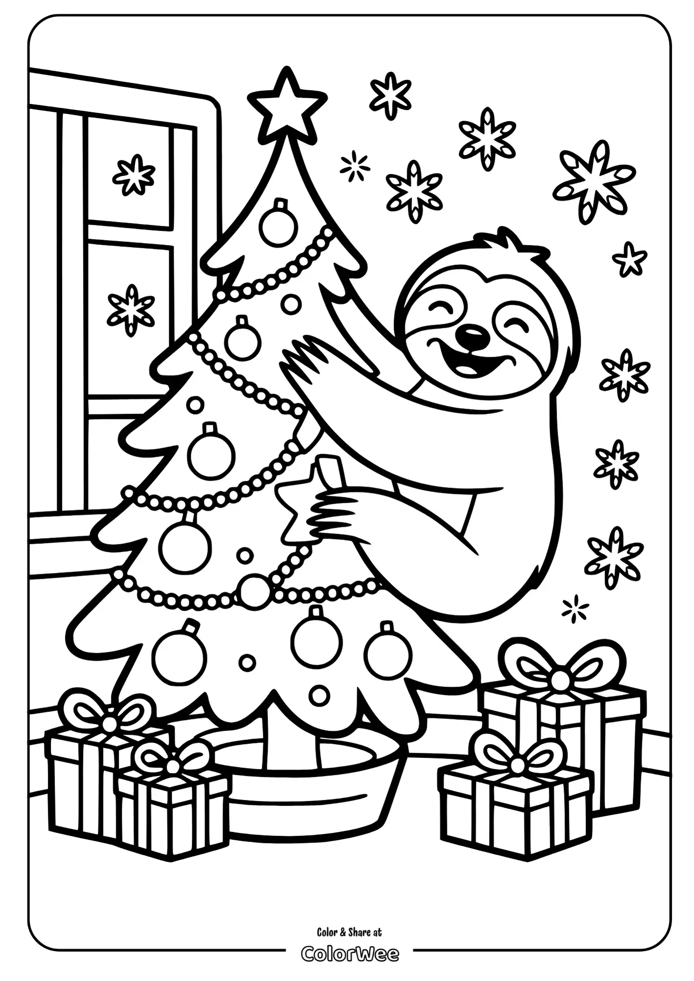 Sloth hugging Christmas tree coloring page with gifts and stars.