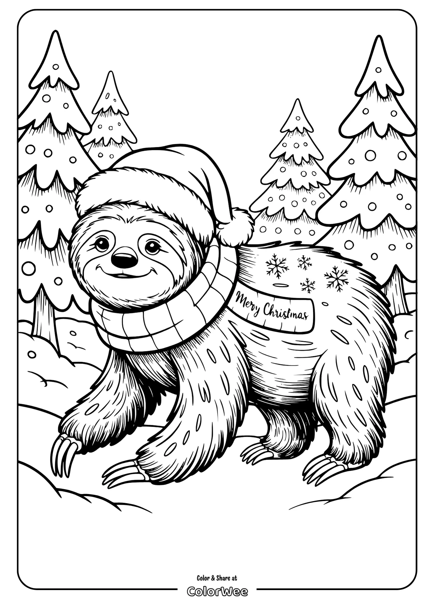 Sloth in Santa hat Christmas coloring page with trees.