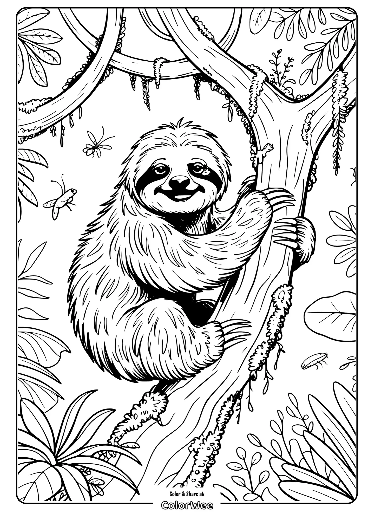 Sloth on tree coloring page for kids, jungle theme with insects.