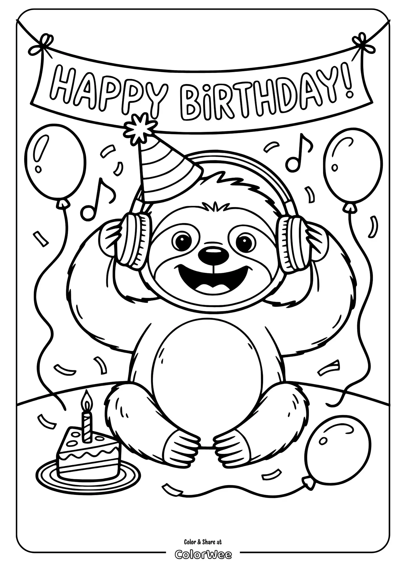 Sloth party coloring page with cake, balloons, and music.