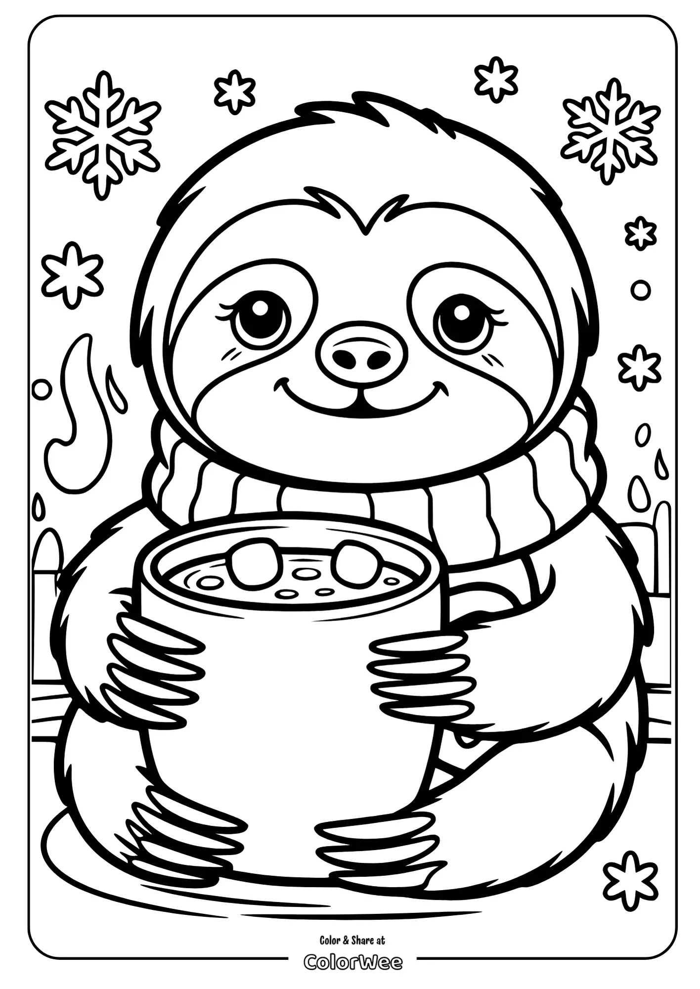 Sloth with hot cocoa coloring page for kids’ winter fun.