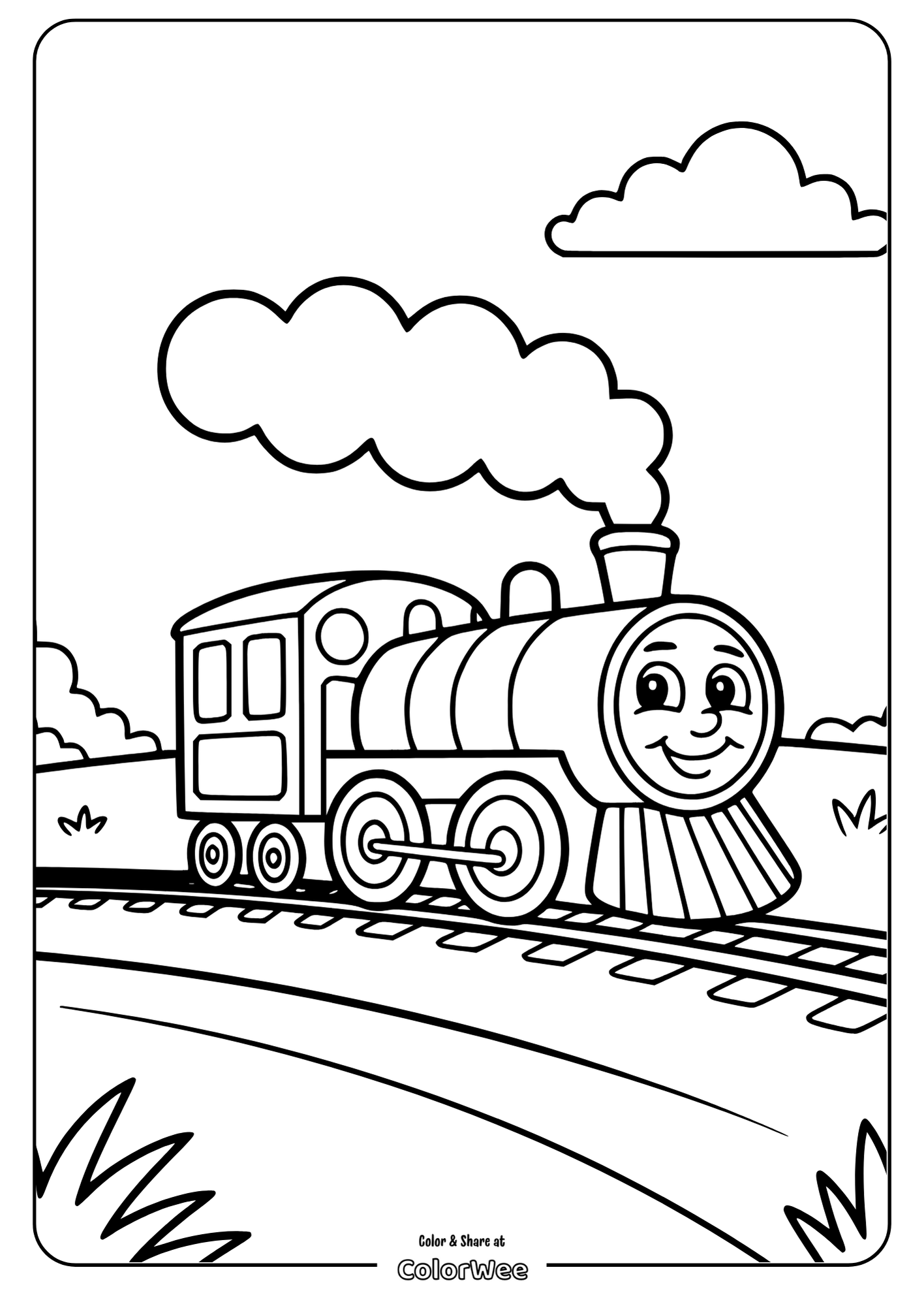 steam train bridge crossing easy coloring Cute smiling train coloring page for kids.