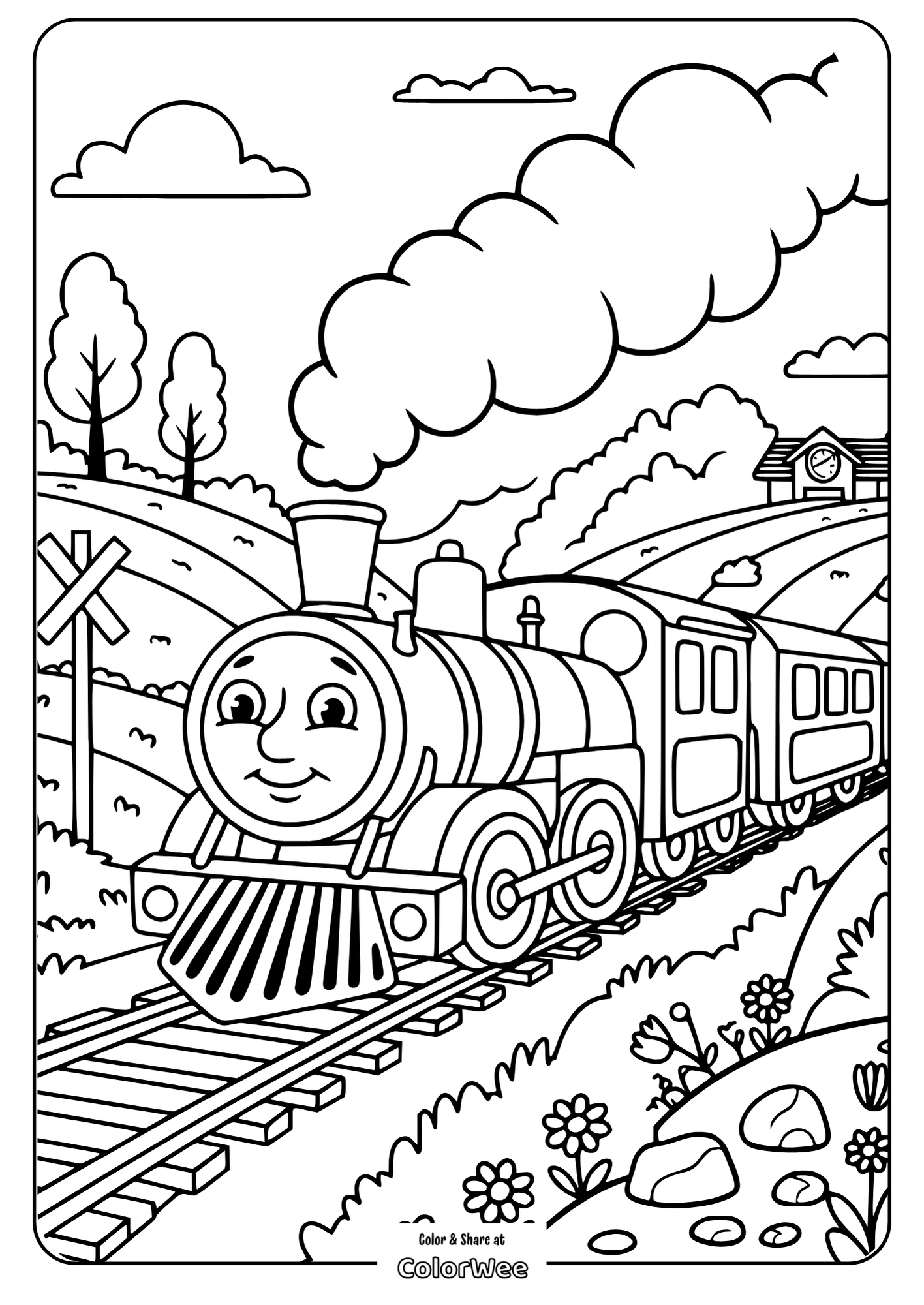 steam train country crossing medium coloring Smiling train on tracks through countryside scenery coloring page.