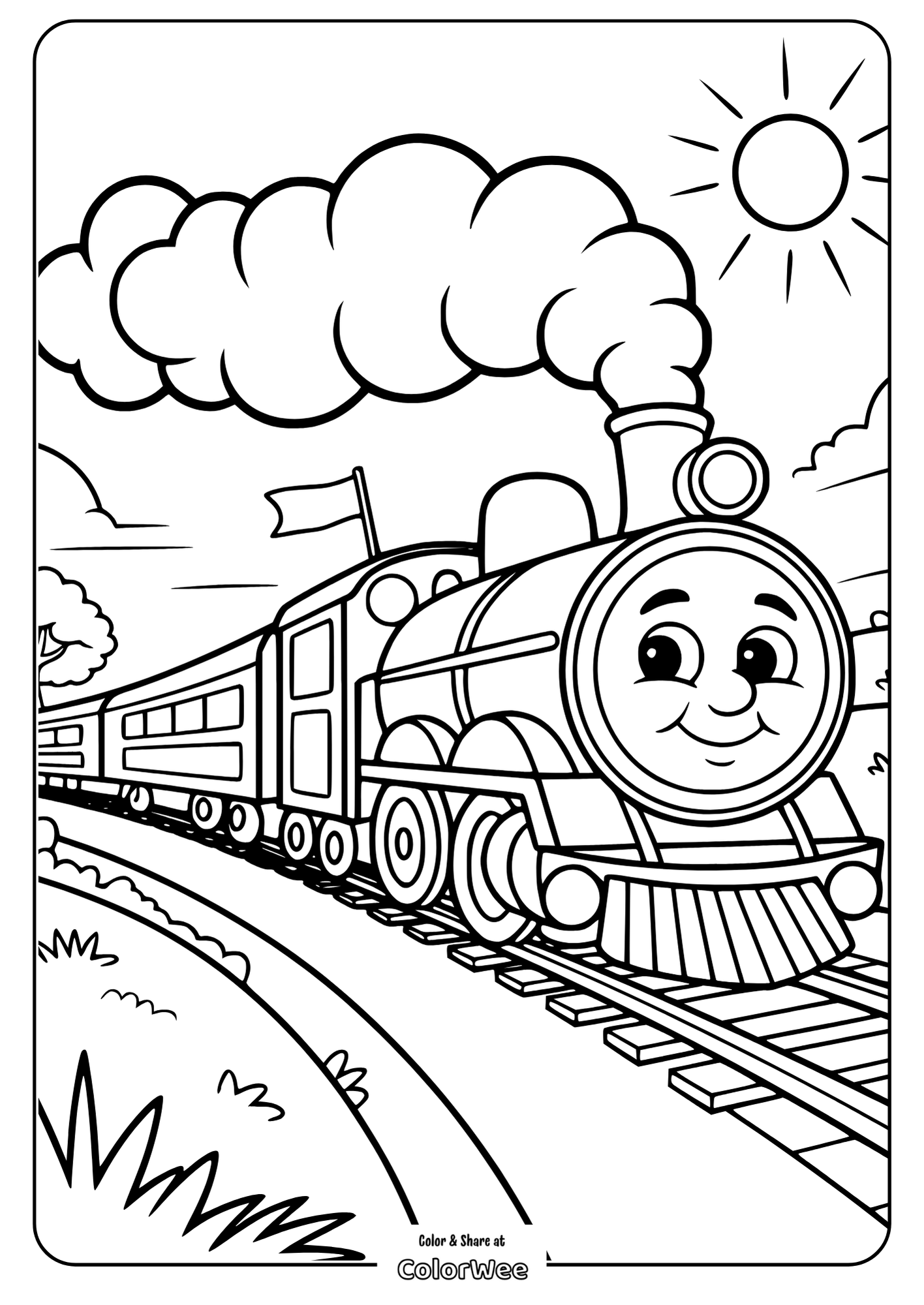 steam train smiling tracks kids scene Cartoon train coloring page with smiling locomotive and bright sun.