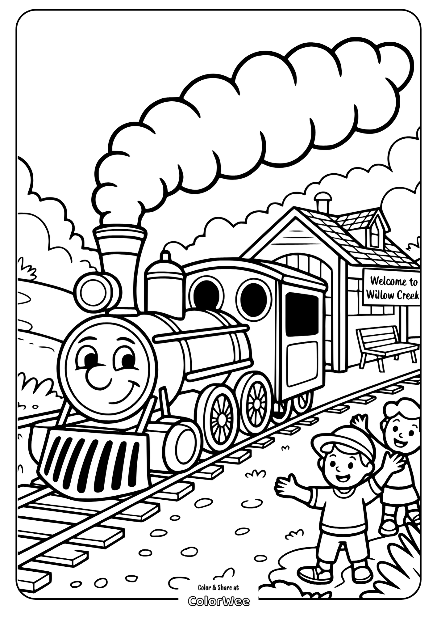 steam train station scene medium coloring Children greeting a smiling train at Willow Creek station coloring page.