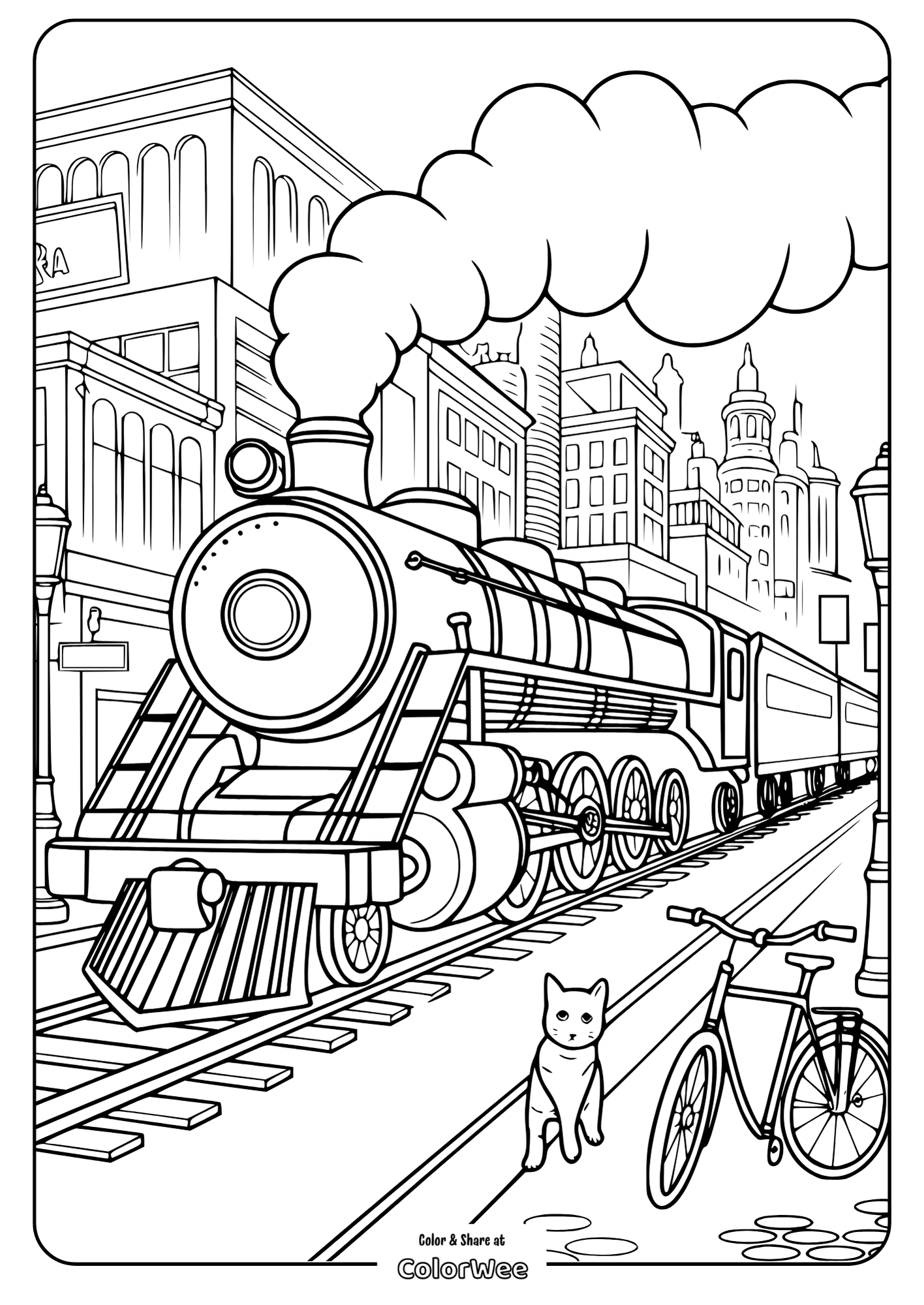 steam train vintage cityscape advanced coloring Train coloring page with cityscape, cat, and bicycle.