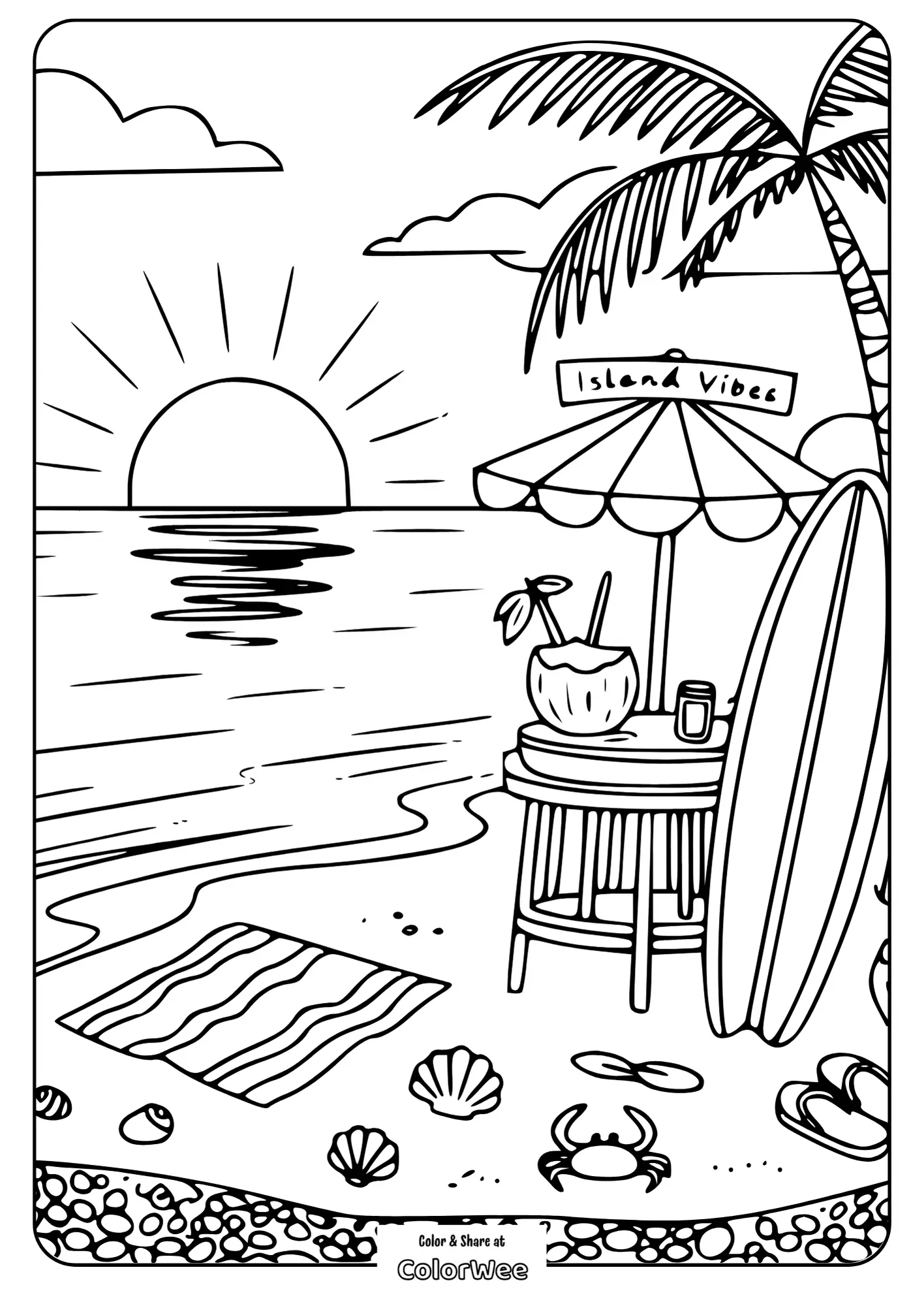 Island beach sunset coloring page with palm, surfboard, and shells.