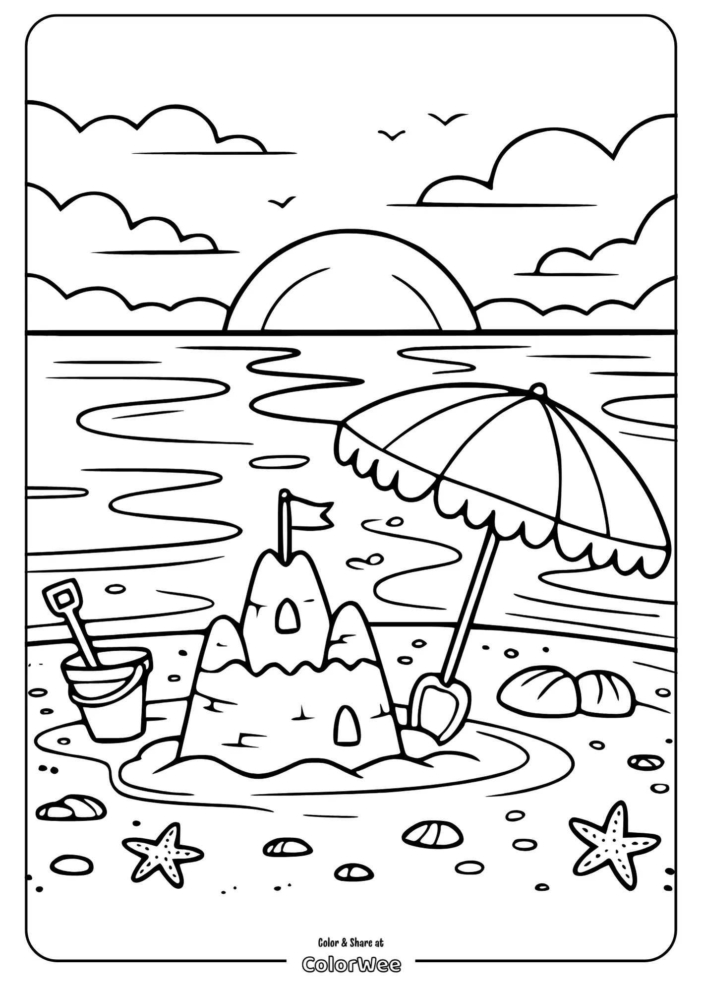 Sandcastle and umbrella beach scene coloring page.