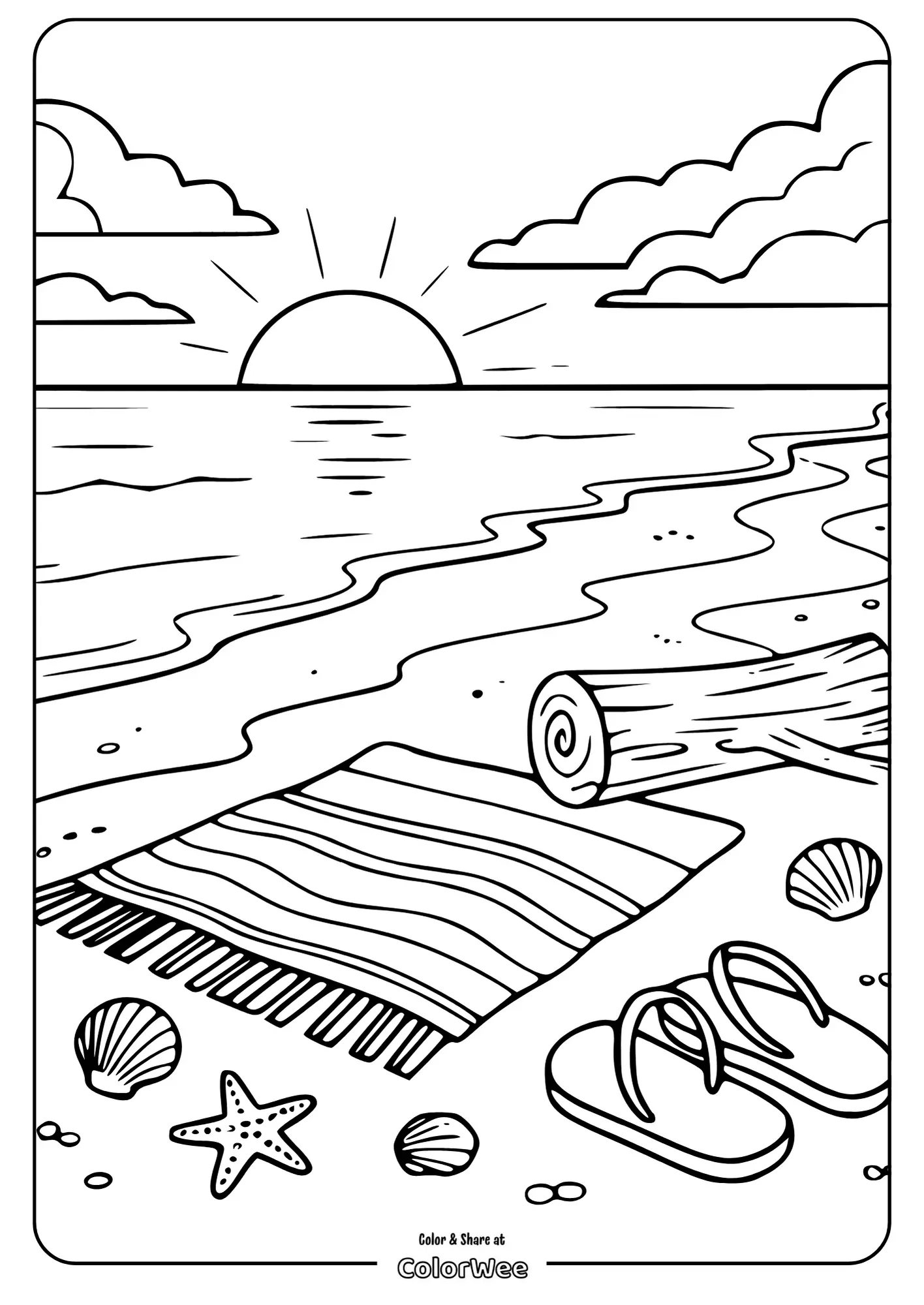 Beach sunset coloring page with shells and flip-flops.