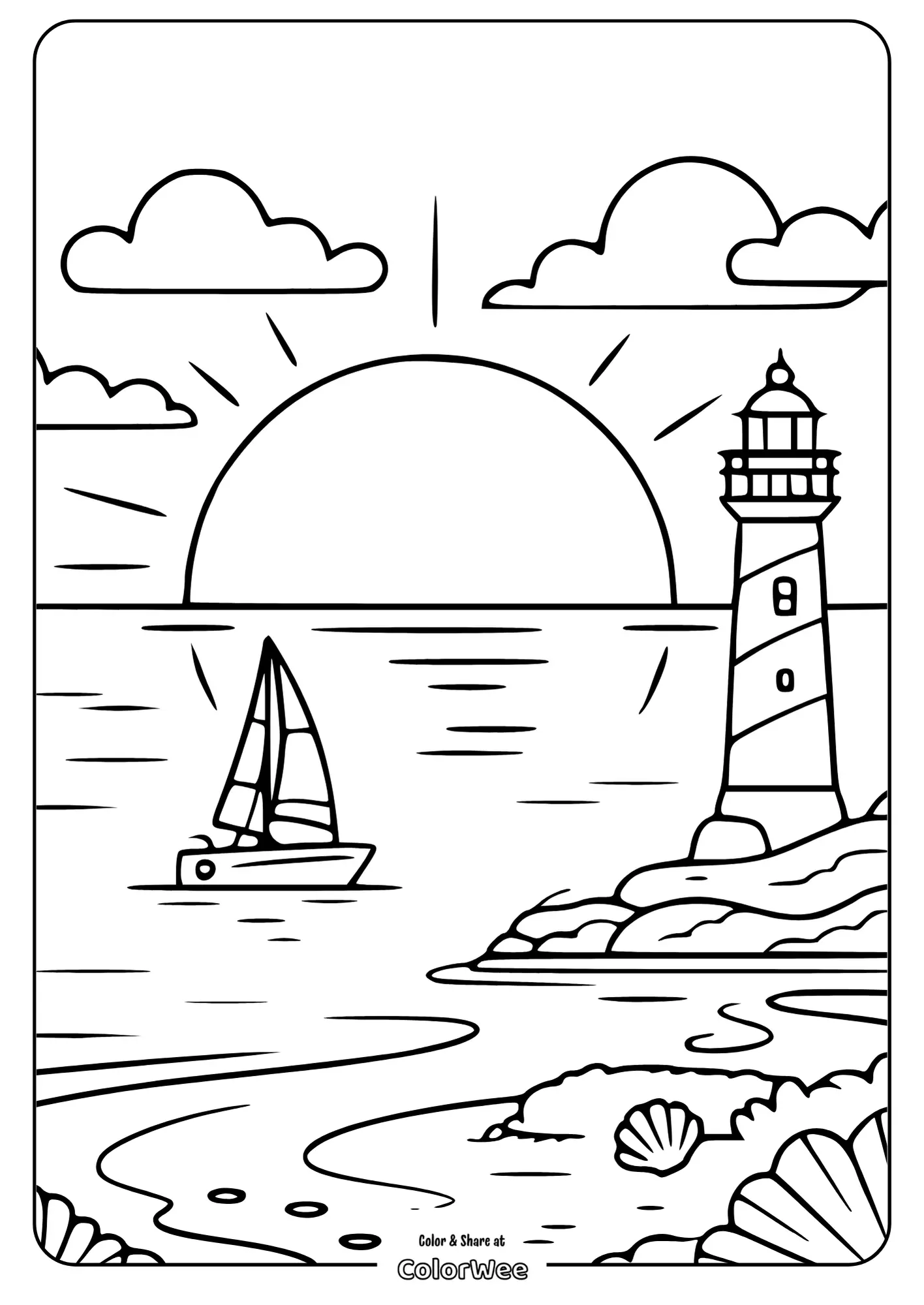 Lighthouse and sailboat at sunset coloring page.