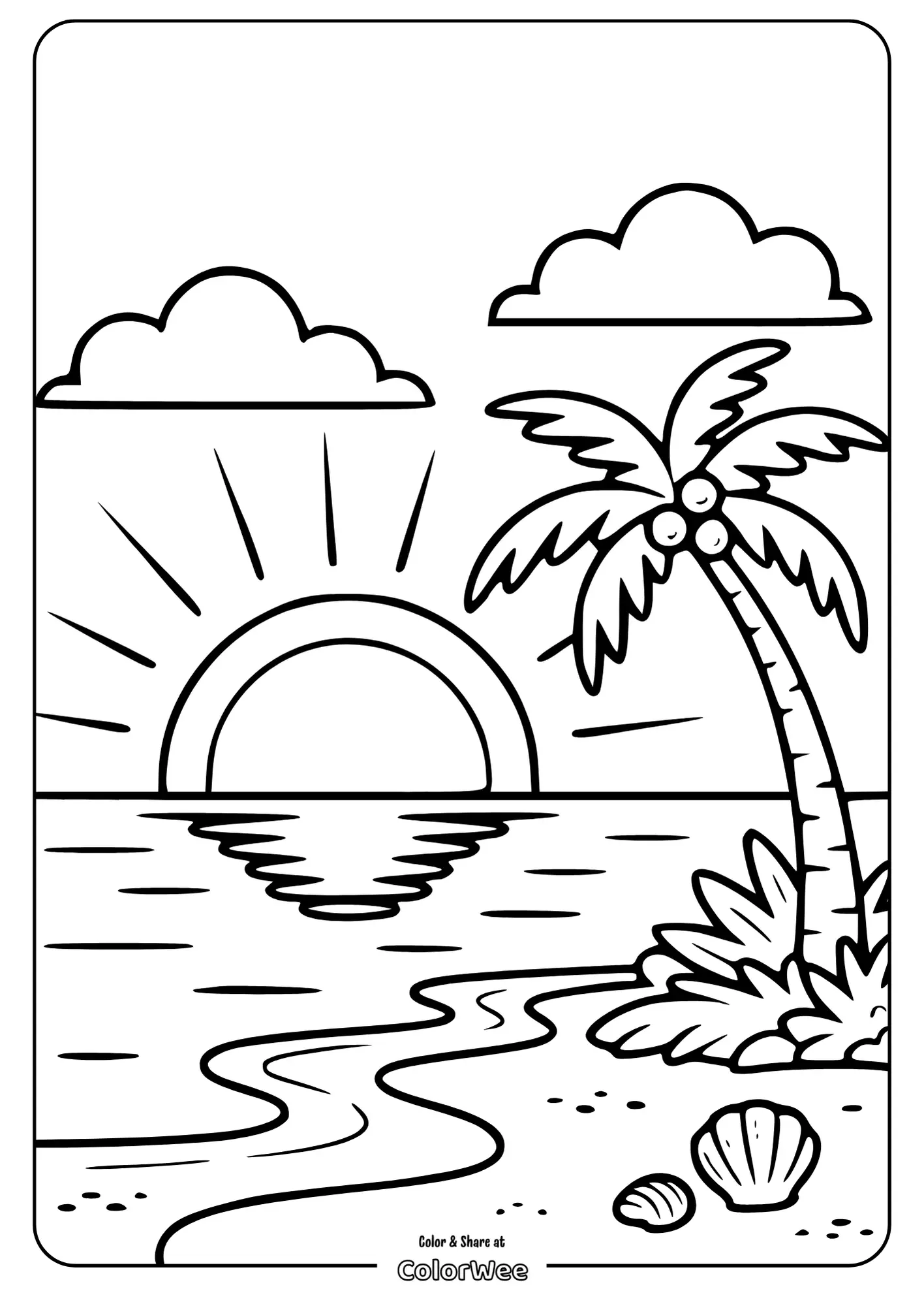 Tropical beach coloring page with sunset and palm tree.