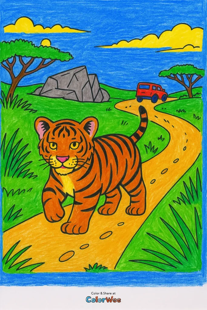 tiger colored 2 Tiger with jungle background and a red jeep.