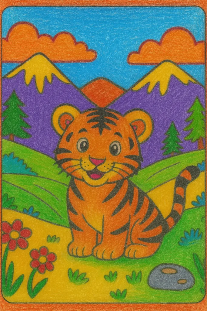 tiger colored 3 Tiger cub with mountains and flowers.
