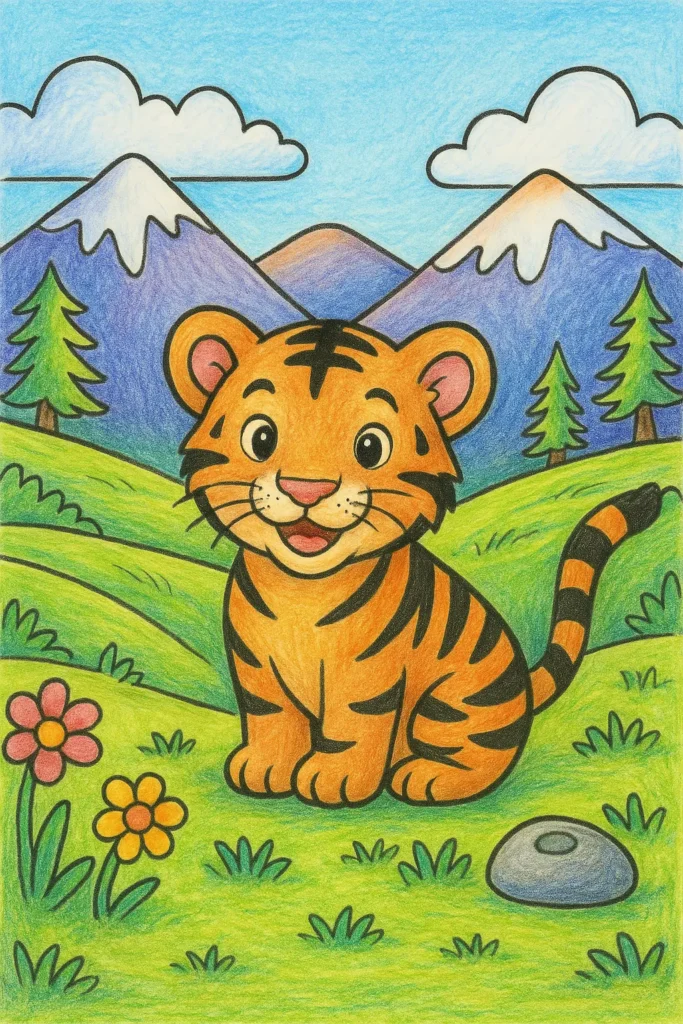tiger colored 4 Cute tiger cub with mountains and flowers in the background.