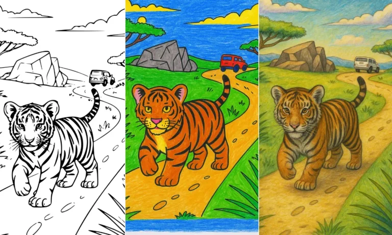 Tiger cub on a winding path, coloring progress.