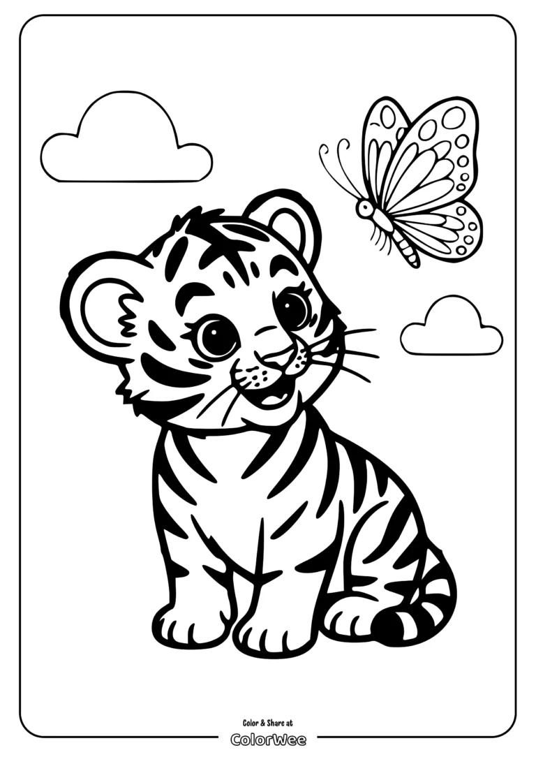 Tiger cub and butterfly coloring page for kids.