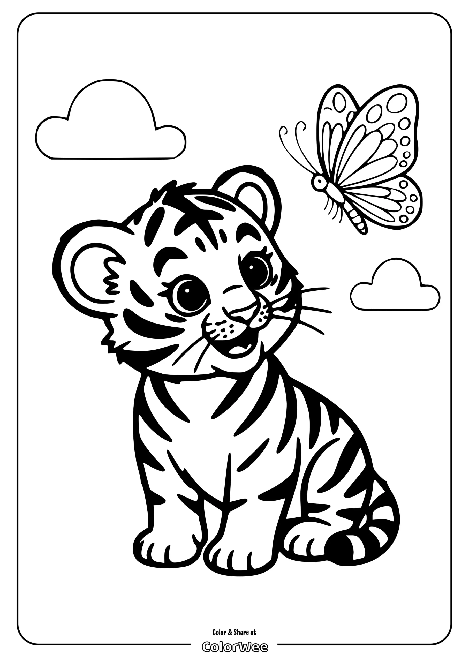 Tiger cub and butterfly coloring page for kids.