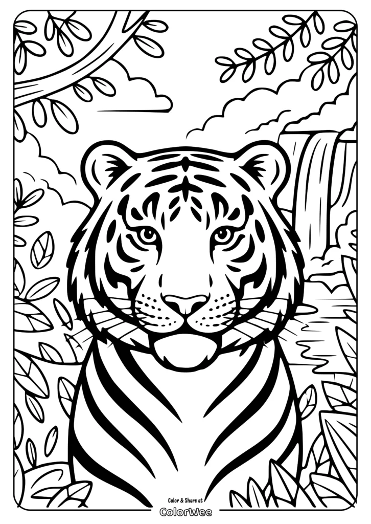 tiger face jungle coloring page Tiger coloring page with jungle background and waterfall scenery.