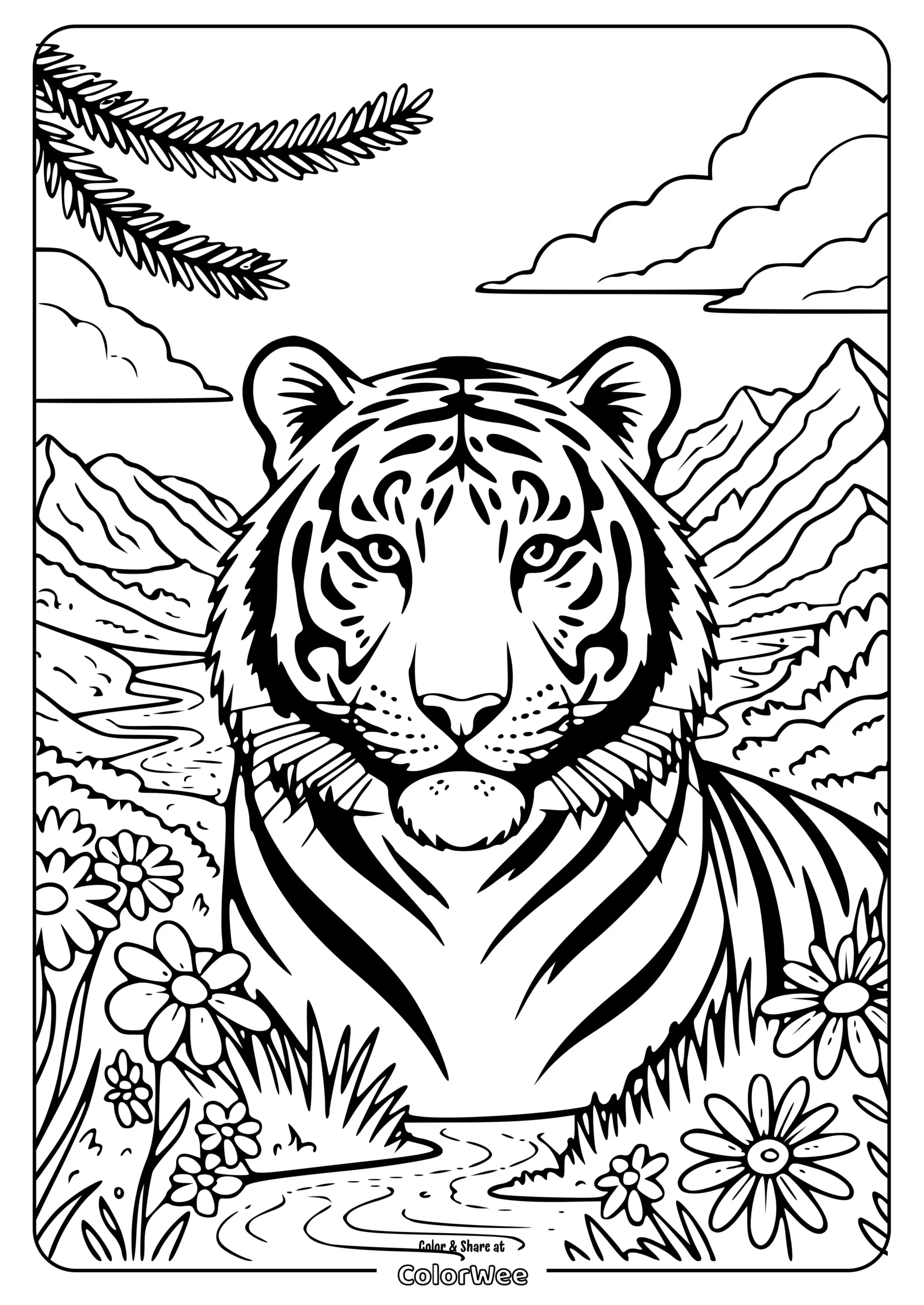 tiger face meadow coloring page scaled Tiger in mountain landscape coloring page with flowers.