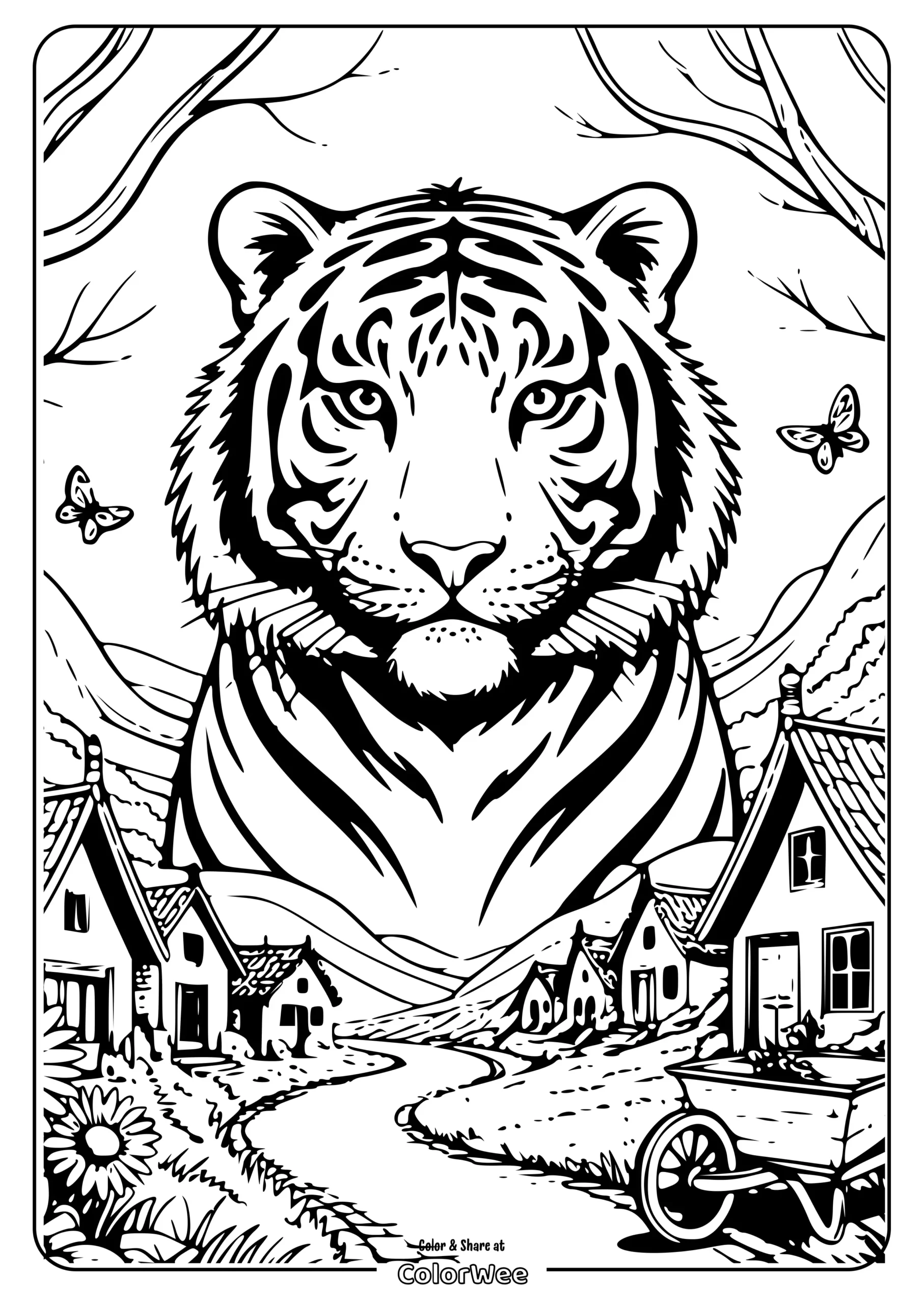 tiger face village coloring page scaled Tiger coloring page with houses and butterflies.