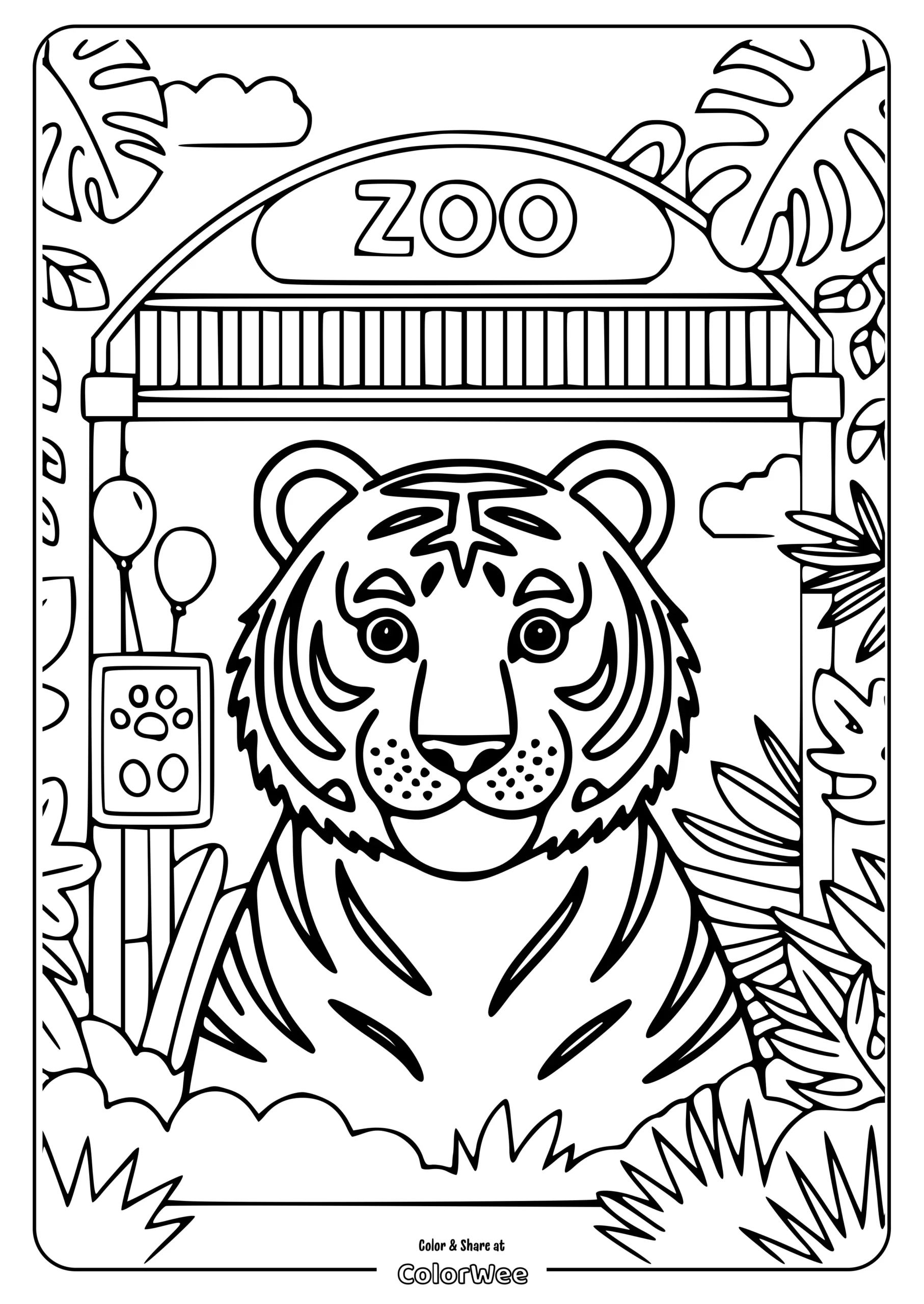 tiger face zoo coloring page scaled Tiger coloring page at the zoo with jungle background.