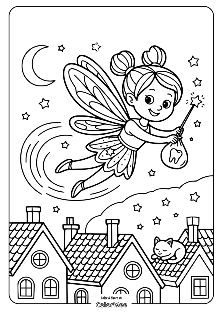 Fairy flying over rooftops with a wand and tooth bag under starry sky.