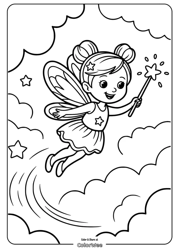 Fairy with wings and wand flying among stars and clouds, coloring page.