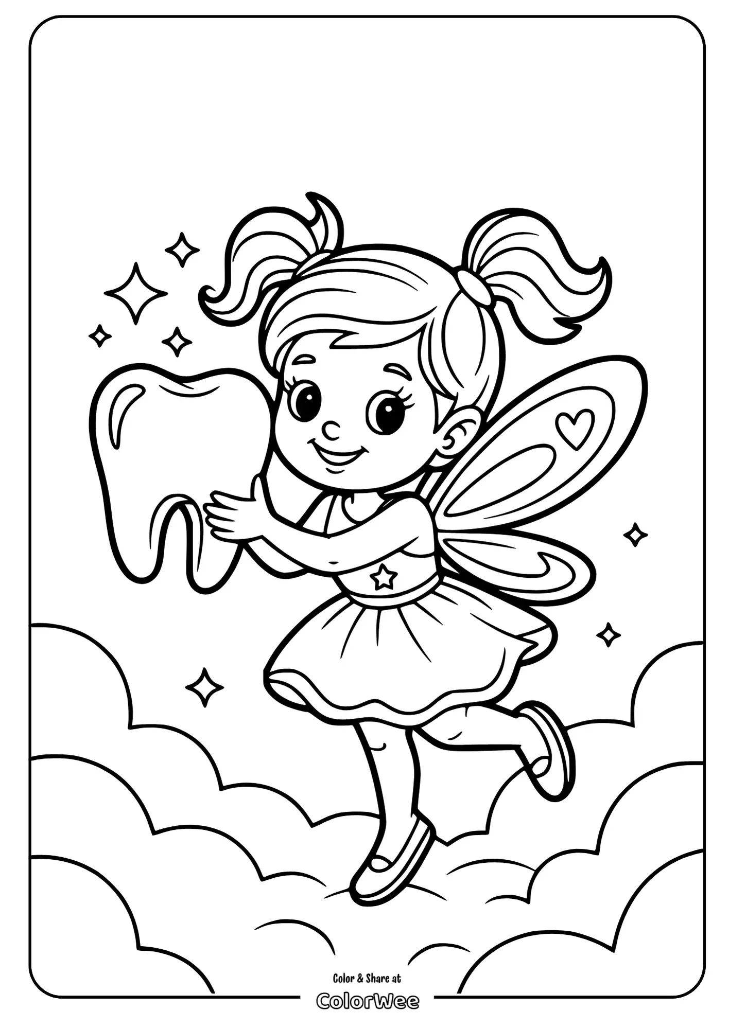 Fairy with wings holding a tooth, stars around, for kids coloring page.