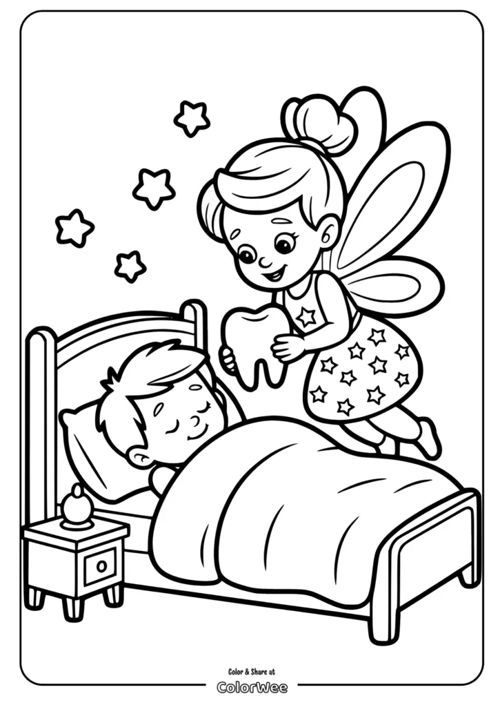 tooth fairy visiting a sleeping child Tooth fairy visiting child in bed coloring page.