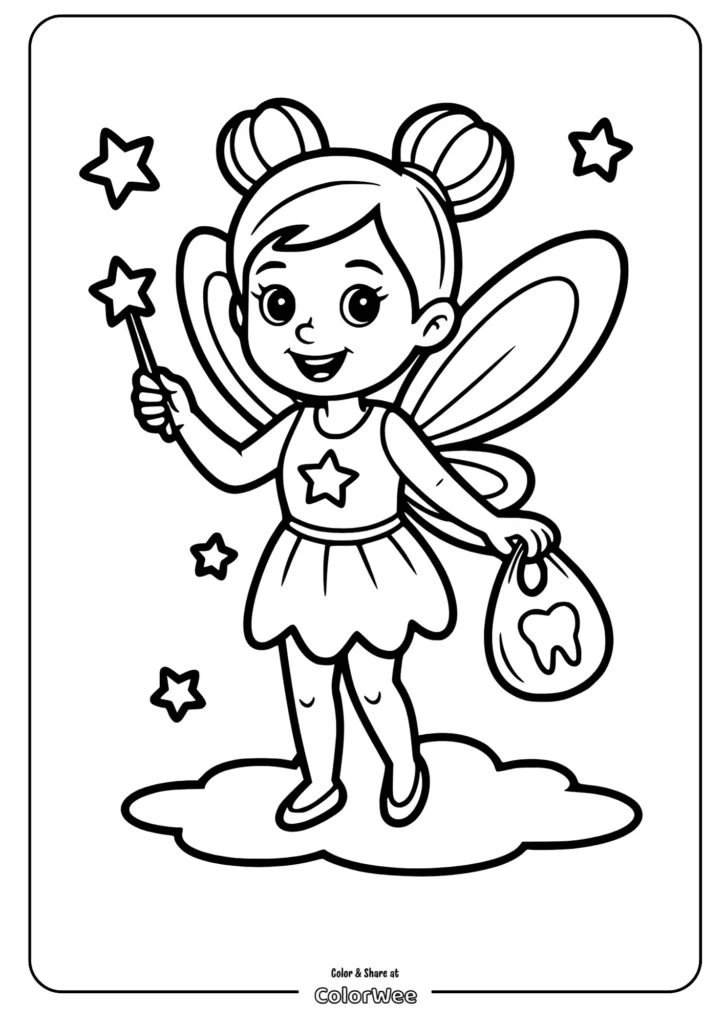 Fairy coloring page with wand and tooth bag for kids.