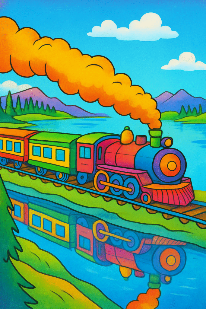 train childlike coloring Colorful train by a lake, perfect for kids’ coloring activities.