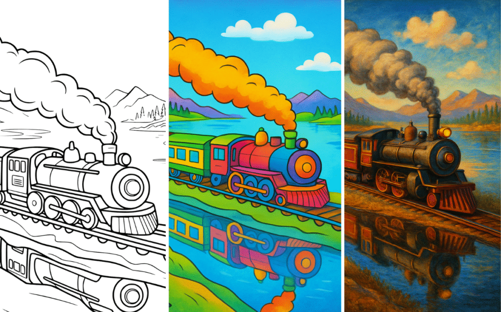 Train coloring page with mountains and clouds reflection.