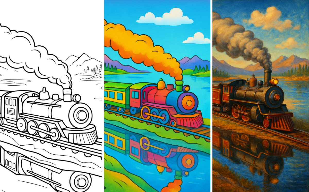 Train coloring page with mountains and clouds reflection.