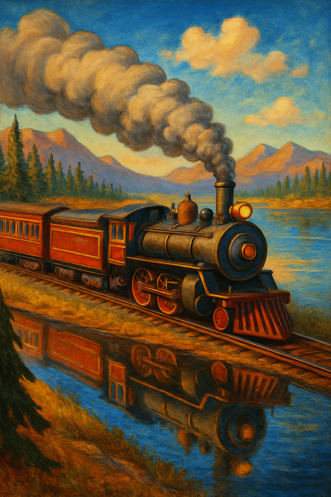 train professional coloring Steam train crossing scenic mountain landscape coloring page.