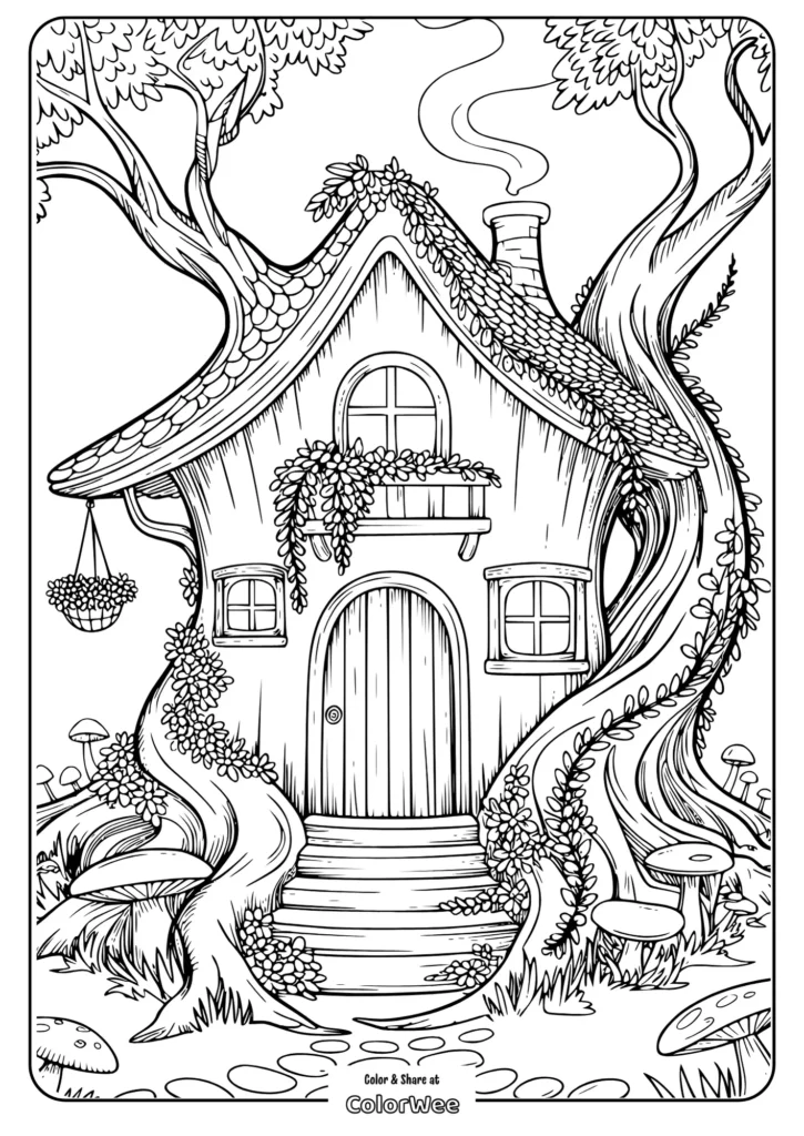 Fairy-tale cottage surrounded by trees and mushrooms coloring page.