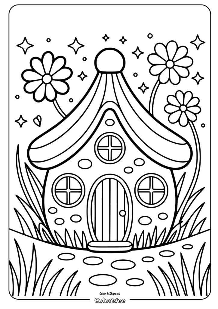 Whimsical house coloring page with flowers and stars.