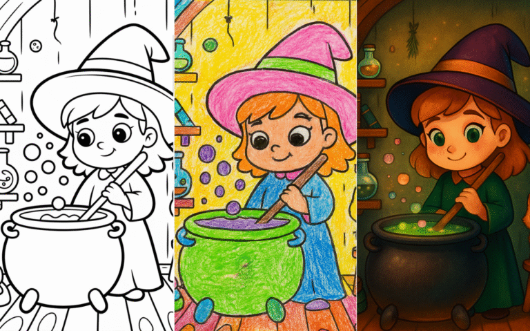 Coloring page of a cute witch stirring a bubbling cauldron.