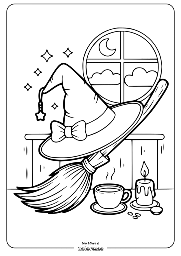 witch hat broom coloring page Witch's hat and broom by moonlit window coloring page.