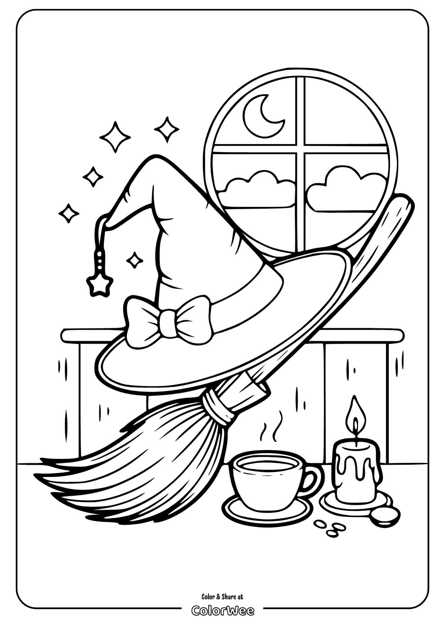 Witch's hat and broom by moonlit window coloring page.