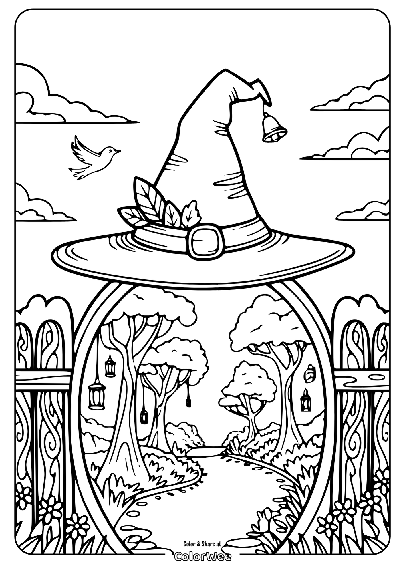 Witch hat and garden path coloring page with trees and lanterns.