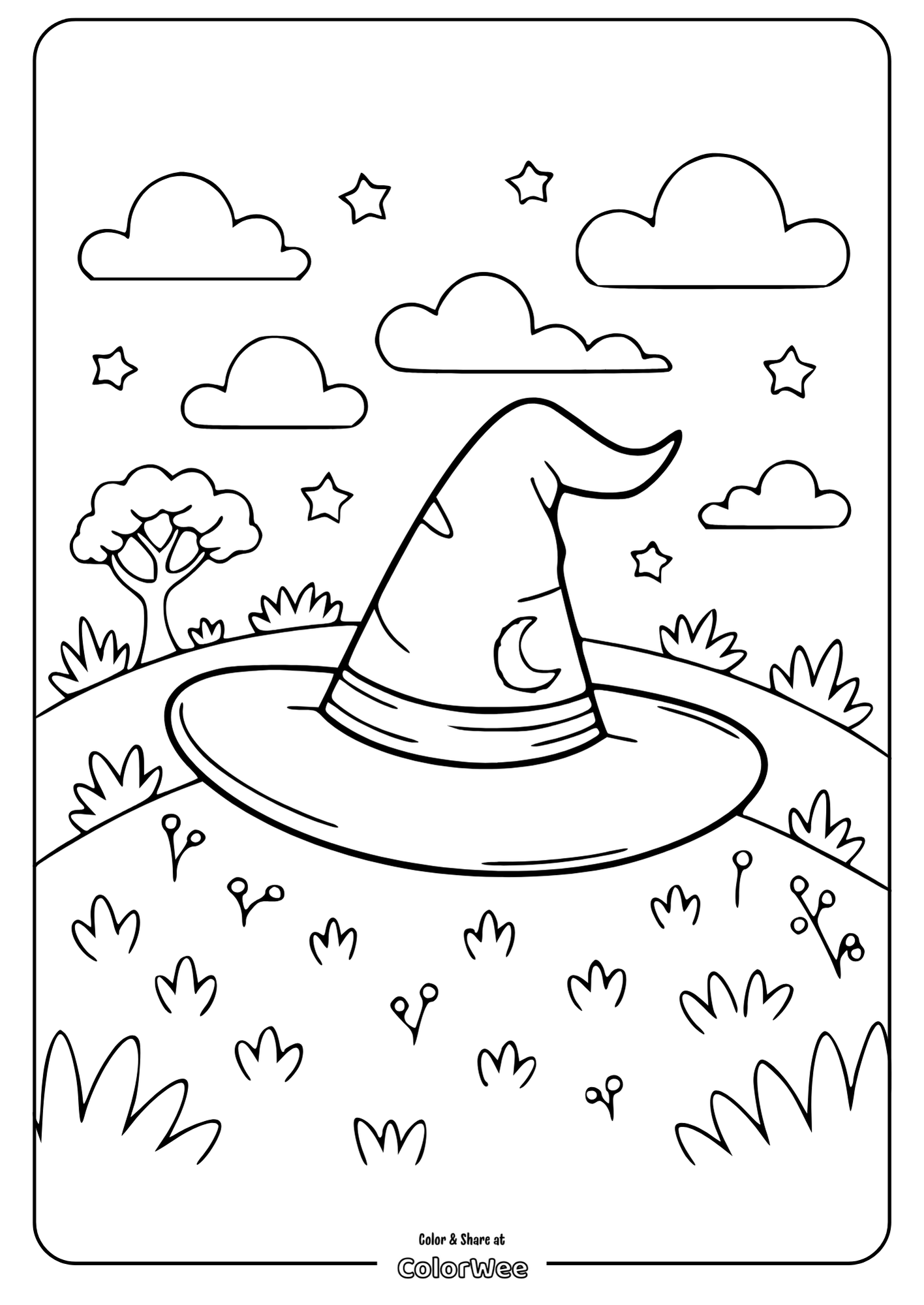 Witch hat on a hill with stars and clouds coloring page for kids.