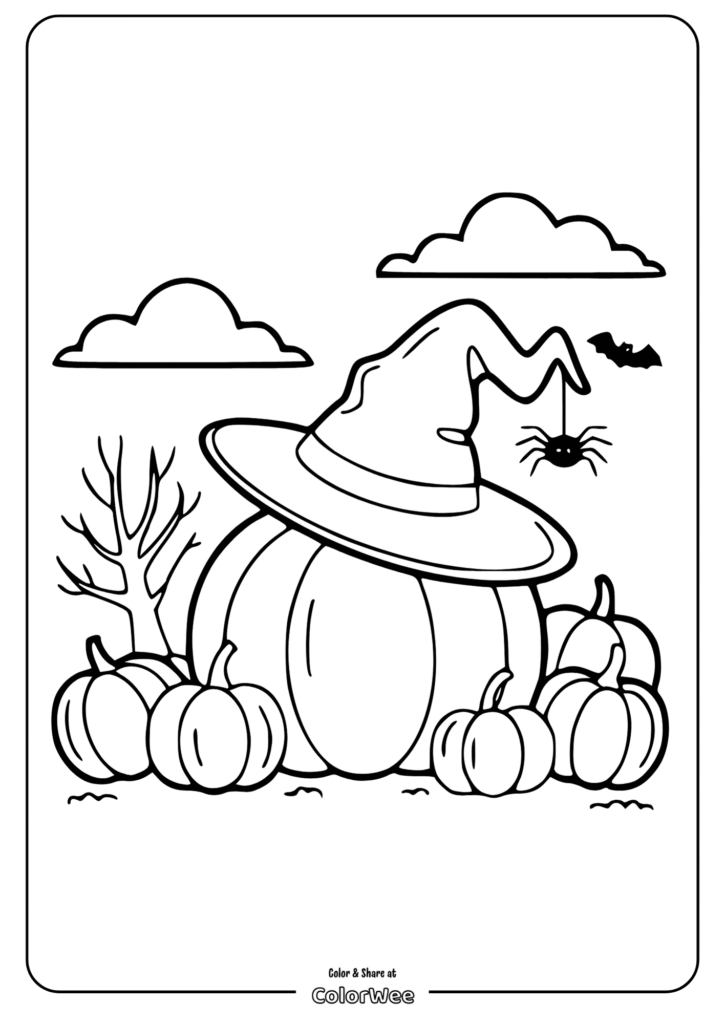 witch hat spider coloring page Witch hat on pumpkin coloring page for Halloween fun.