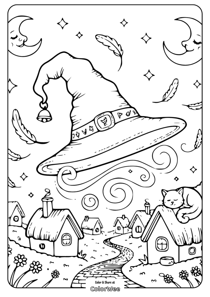 witch hat village coloring page Magical village with a floating witch's hat coloring page.