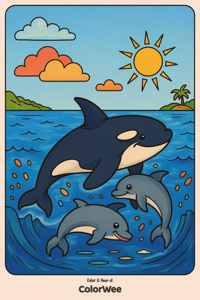 Dolphins and whale jumping in ocean under sunny sky coloring page.