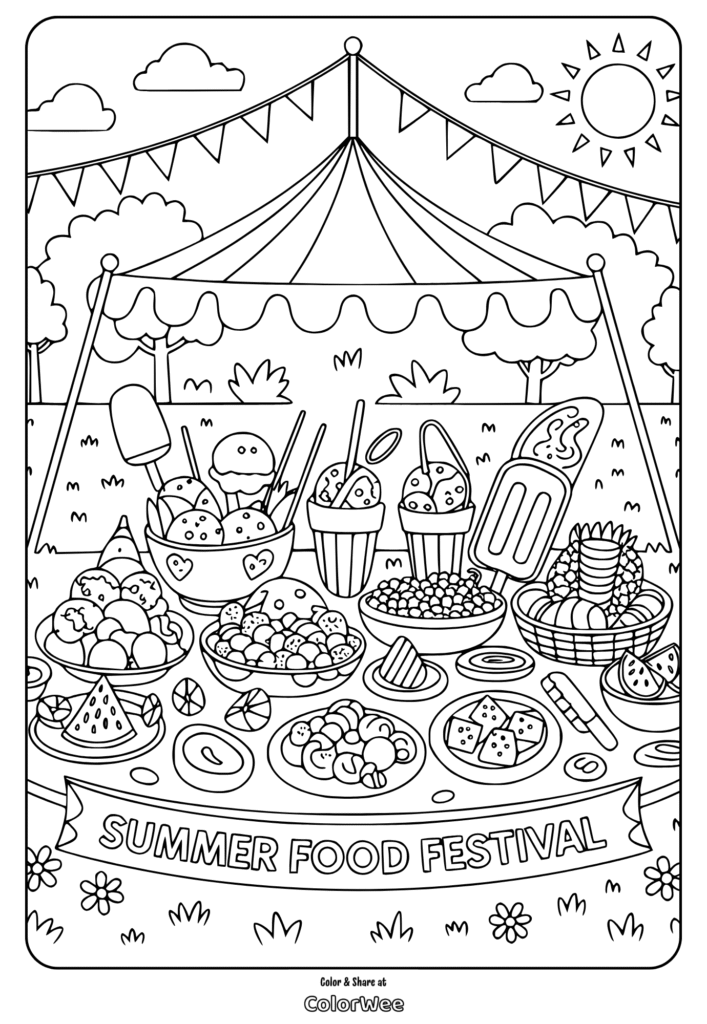 Coloring page of a vibrant summer food festival scene.